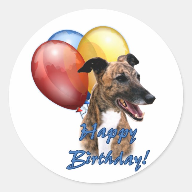 Greyhound Happy Birthday Balloons. Classic Round Sticker (Front)