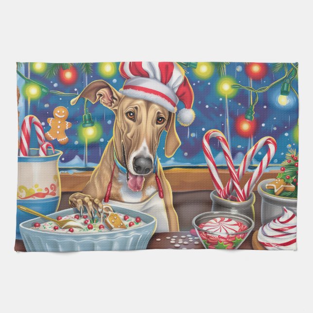 Greyhound Holiday Baking: Festive Christmas Kitchen Towel (Horizontal)