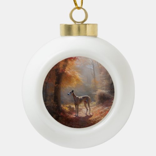 Greyhound in Autumn Leaves Fall Inspire Ceramic Ball Christmas Ornament