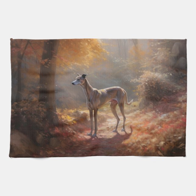Greyhound in Autumn Leaves Fall Inspire Kitchen Towel (Horizontal)