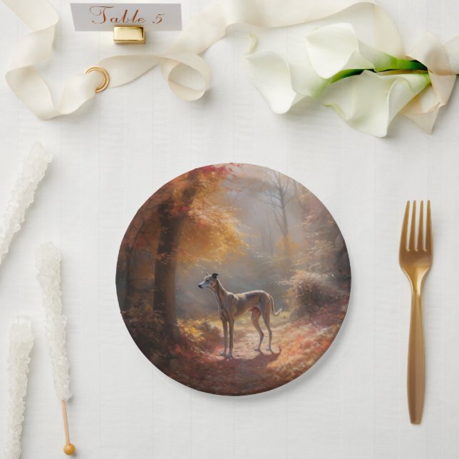 Greyhound in Autumn Leaves Fall Inspire Paper Plates (Wedding)