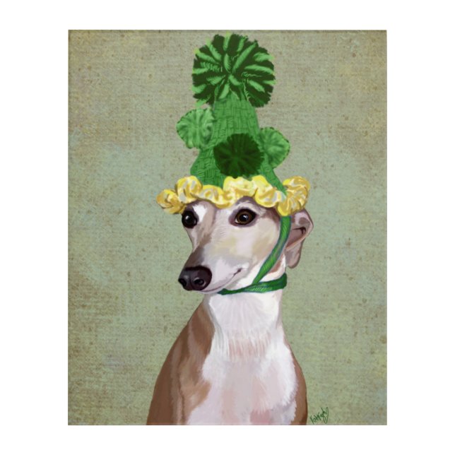 Greyhound in Green Knitted Hat Acrylic Print (Front)