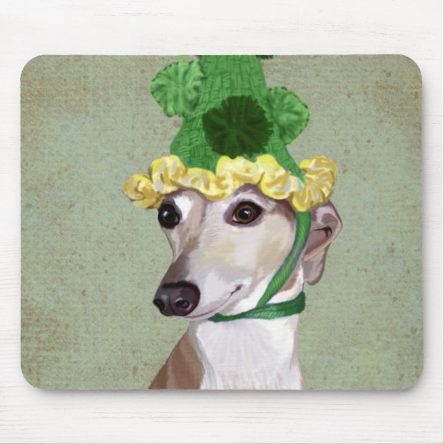 Greyhound in Green Knitted Hat Mouse Pad (Front)