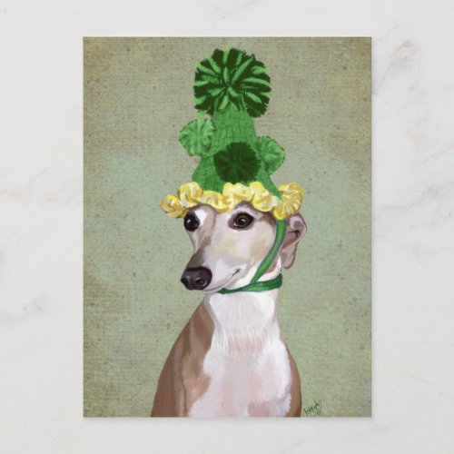 Greyhound in Green Knitted Hat Postcard