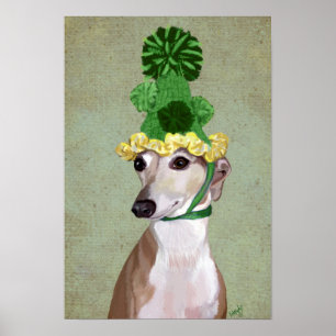Greyhound in Green Knitted Hat Poster