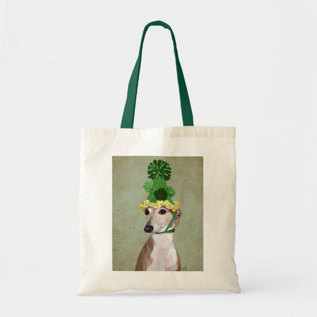 Greyhound in Green Knitted Hat Tote Bag (Front)
