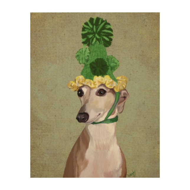 Greyhound in Green Knitted Hat Wood Wall Art (Front)