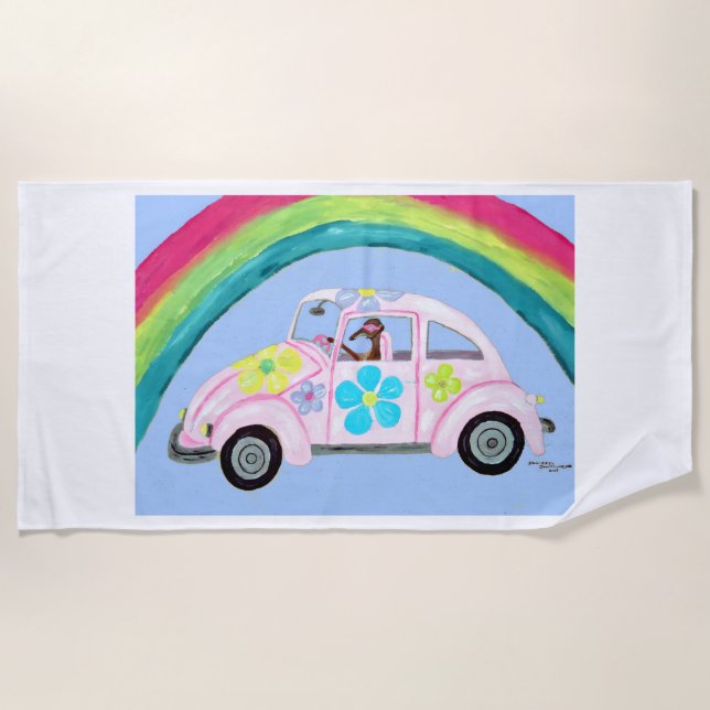 Greyhound in Hippie Car under a Rainbow Beach Towel (Front)