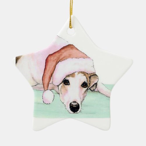 Greyhound in Santa Hat Dog Art Ornament