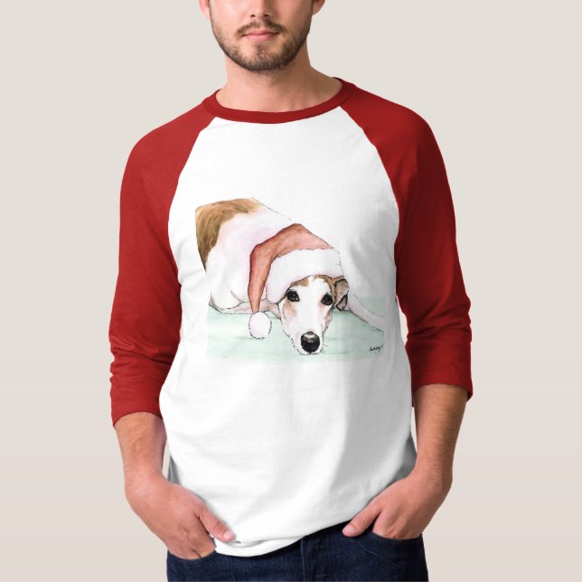 "Greyhound in Santa Hat" Dog Art Shirt (Front)