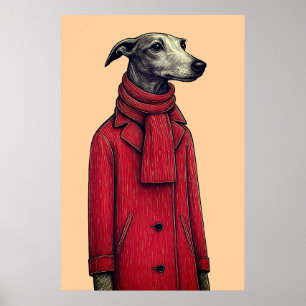 Greyhound in Winter Red Coat, Stylized Drawing Poster