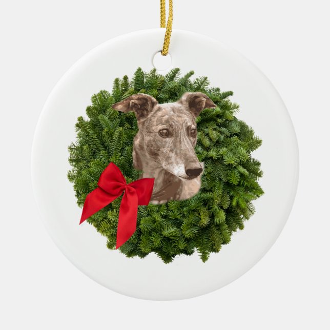 Greyhound in Xmas Wreath Ceramic Ornament (Front)