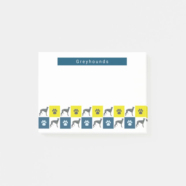 Greyhound / Lurcher Dog & Paw Yellow & Blue Grid Post-it Notes (Front)