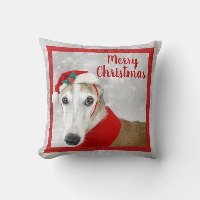 Greyhound Merry Christmas Throw Pillow (Front)