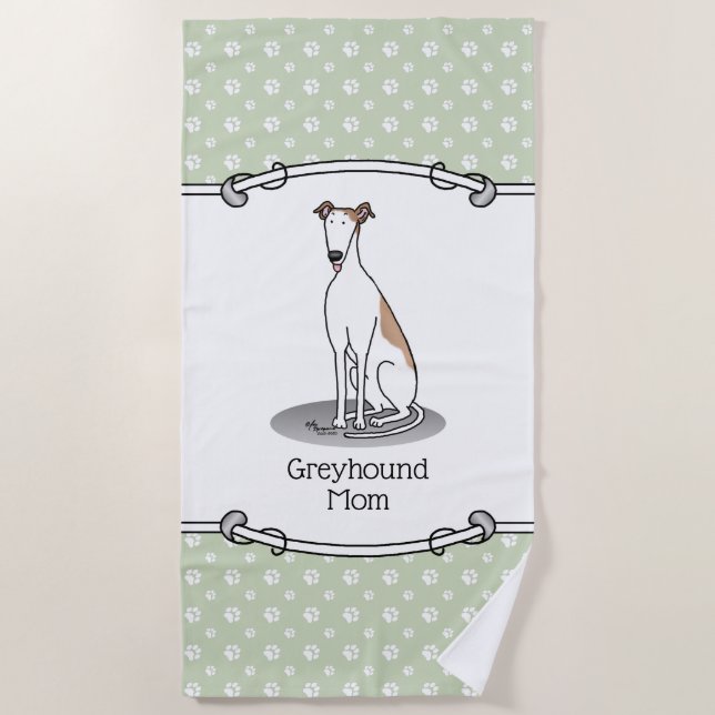 Greyhound Mom (fawn white) Cute Dog Mom Funny Beach Towel (Front)