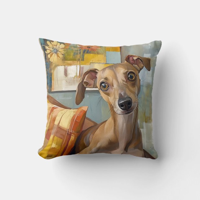 Greyhound on a sofa throw pillow (Front)