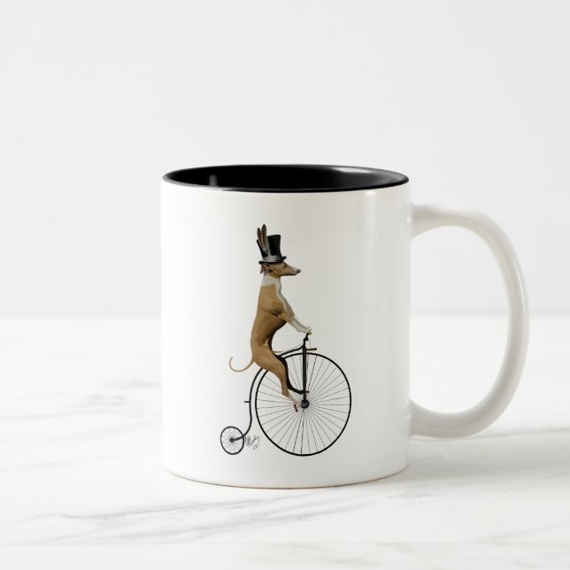 Greyhound on Black Penny Farthing Bike Two-Tone Coffee Mug (Right)
