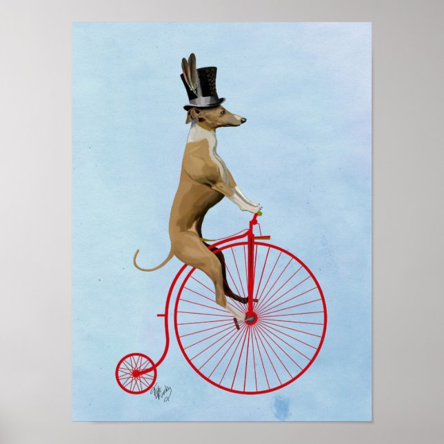 Greyhound on Red Penny Farthing Bike Poster (Front)