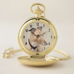 Greyhound Painting - Cute Original Dog Art Pocket Watch