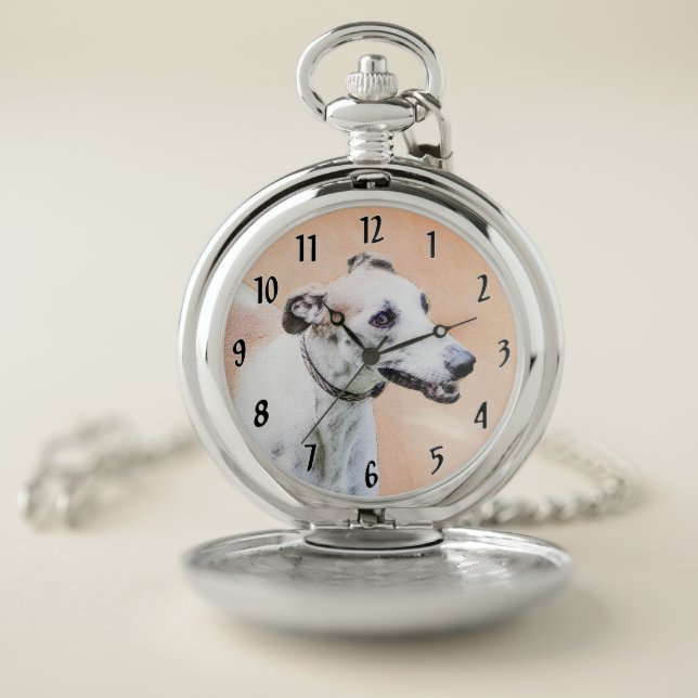 Greyhound Painting - Cute Original Dog Art Pocket Watch (Inside)