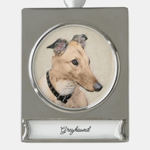 Greyhound Painting _ Cute Original Dog Art Silver Plated Banner Ornament