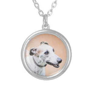Greyhound Painting - Cute Original Dog Art Silver Plated Necklace