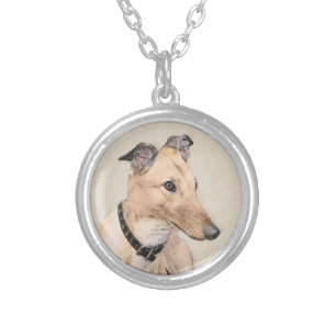 Greyhound Painting - Cute Original Dog Art Silver Plated Necklace
