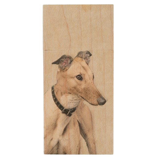 Greyhound Painting - Cute Original Dog Art Wood Flash Drive (Front Vertical)