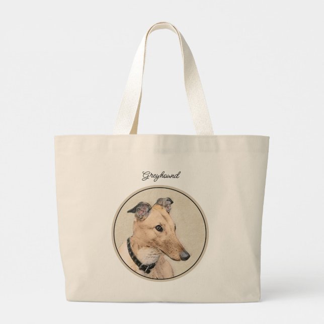 Greyhound Painting Fawn Cute Original Pet Dog Art Large Tote Bag (Back)