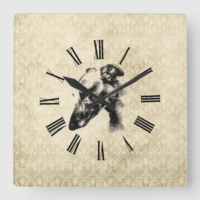 Greyhound Portrait on Elegant Ivory Damask Square Wall Clock (Front)