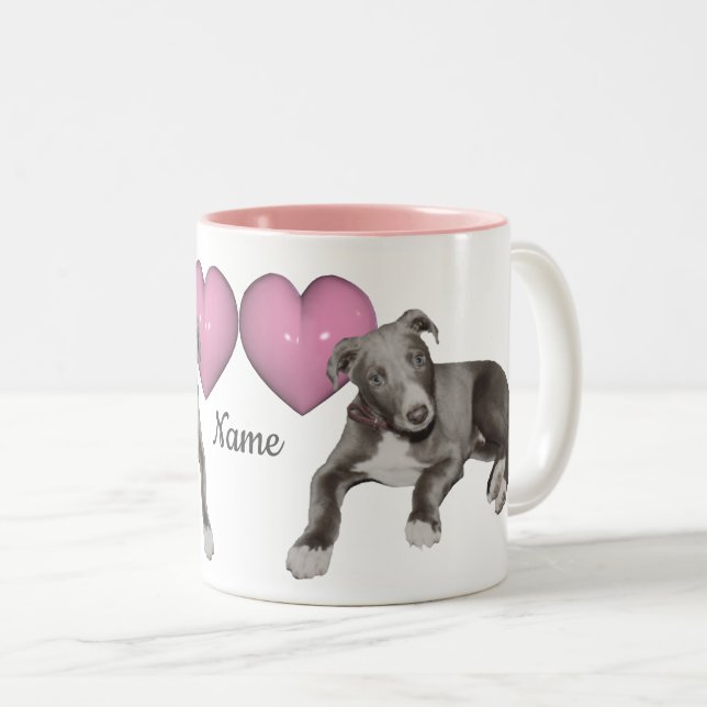 Greyhound Puppy And Heart Personalized Two-Tone Coffee Mug (Front Right)