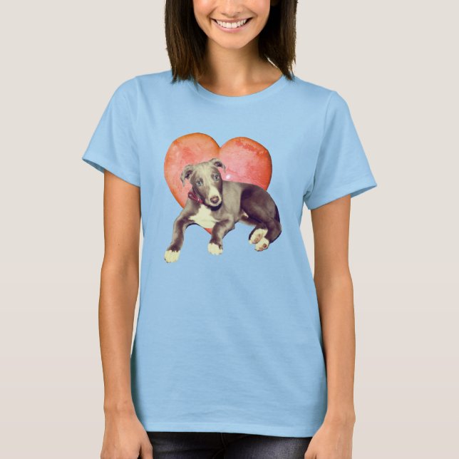Greyhound Puppy And Pink Heart  T-Shirt (Front)