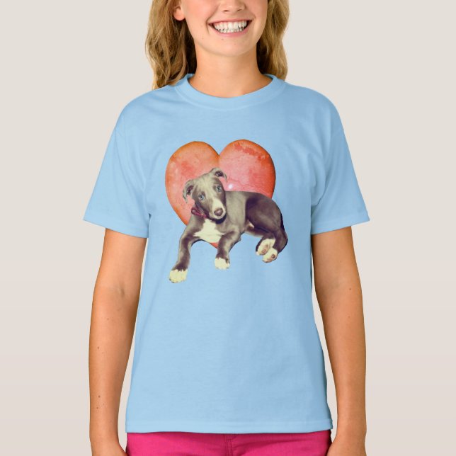 Greyhound Puppy And Pink Heart  T-Shirt (Front)