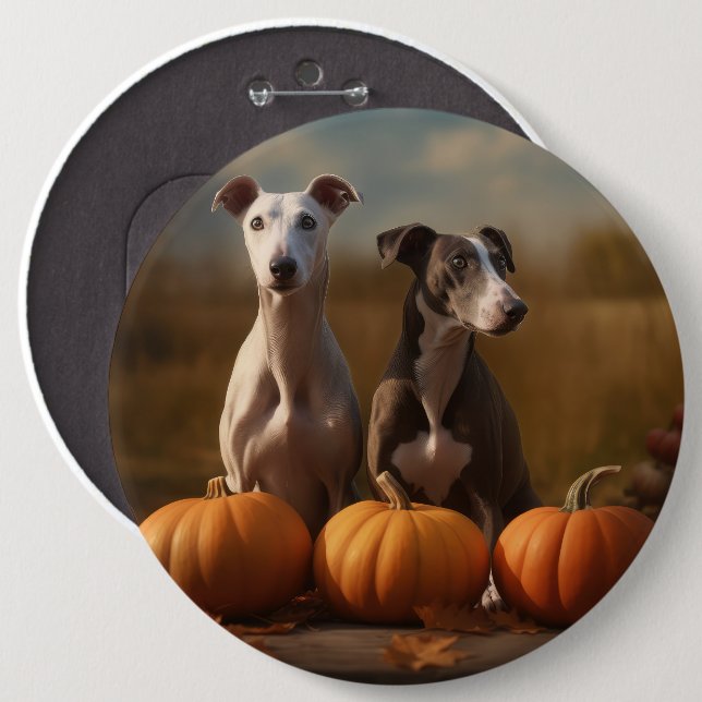 Greyhound Puppy Autumn Delight Pumpkin Button (Front & Back)