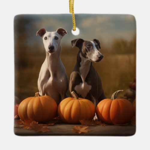 Greyhound Puppy Autumn Delight Pumpkin Ceramic Ornament