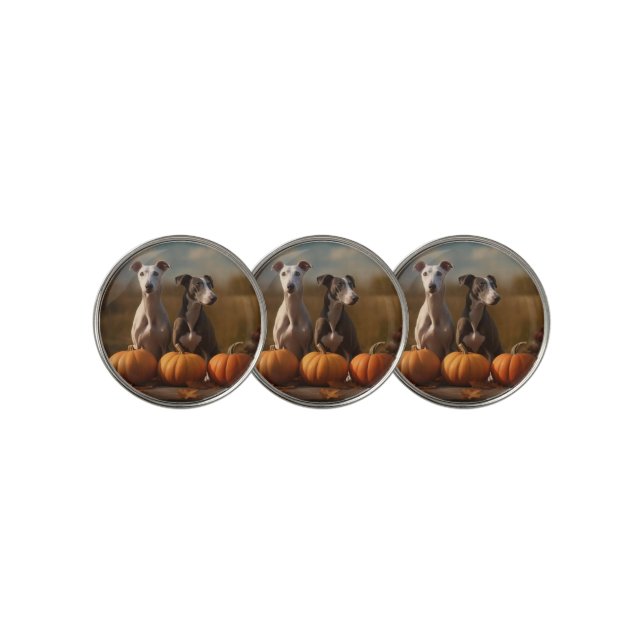 Greyhound Puppy Autumn Delight Pumpkin Golf Ball Marker (3 Up)