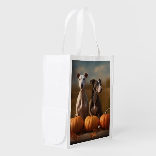 Greyhound Puppy Autumn Delight Pumpkin Grocery Bag (Front Side)