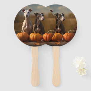 Greyhound Puppy Autumn Delight Pumpkin Hand Fan