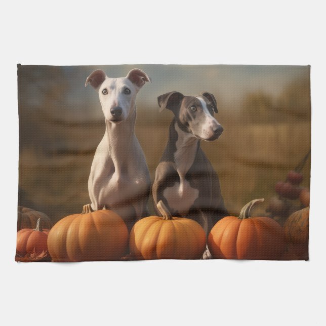 Greyhound Puppy Autumn Delight Pumpkin Kitchen Towel (Horizontal)