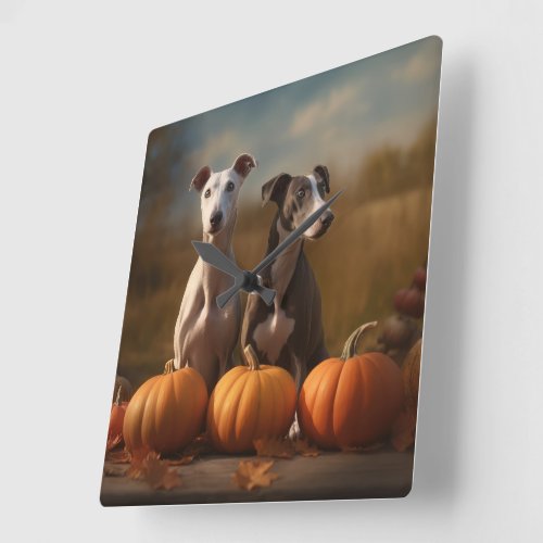 Greyhound Puppy Autumn Delight Pumpkin Square Wall Clock