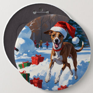 Greyhound Running in Snow with Christmas Hat Button