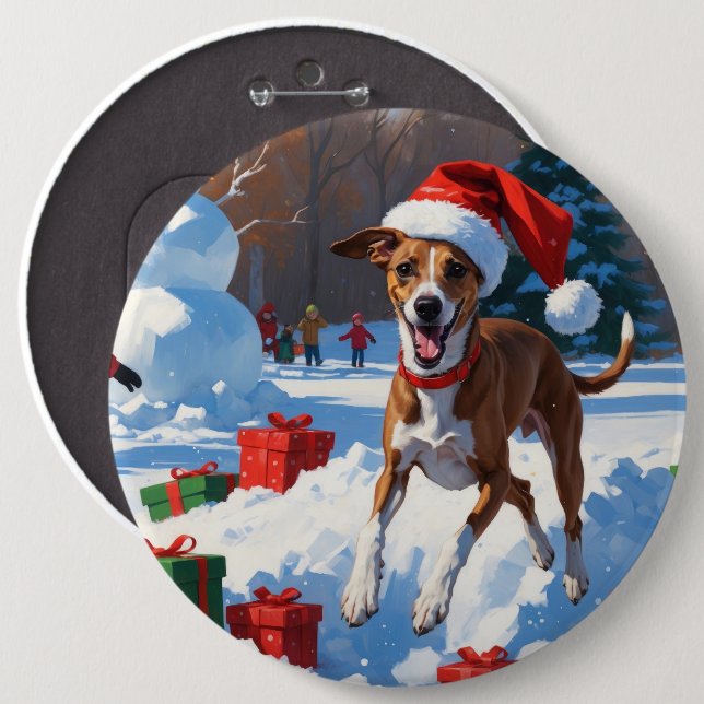 Greyhound Running in Snow with Christmas Hat Button (Front & Back)