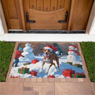 Greyhound Running in Snow with Christmas Hat Doormat