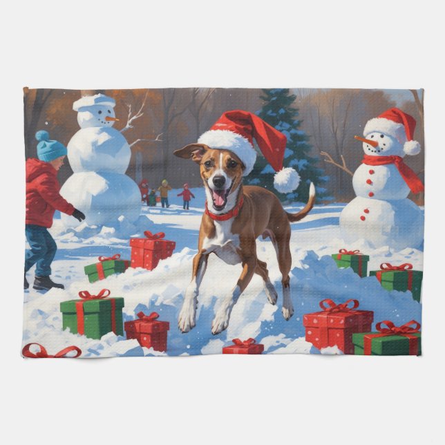 Greyhound Running in Snow with Christmas Hat Kitchen Towel (Horizontal)