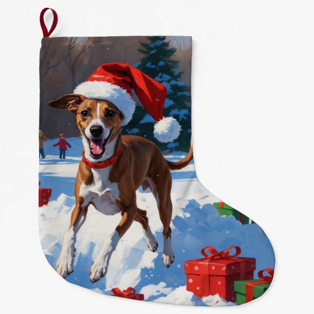 Greyhound Running in Snow with Christmas Hat Large Christmas Stocking (Front)
