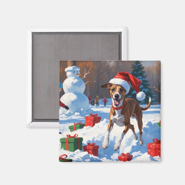 Greyhound Running in Snow with Christmas Hat Magnet (Front/Back)