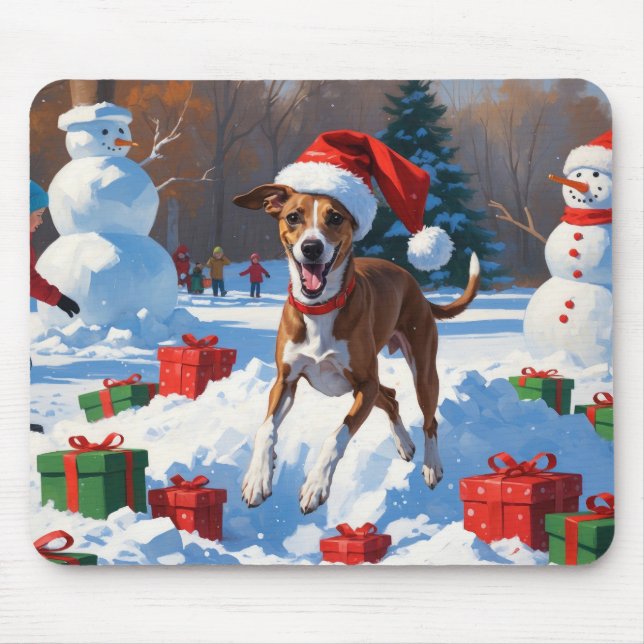 Greyhound Running in Snow with Christmas Hat Mouse Pad (Front)
