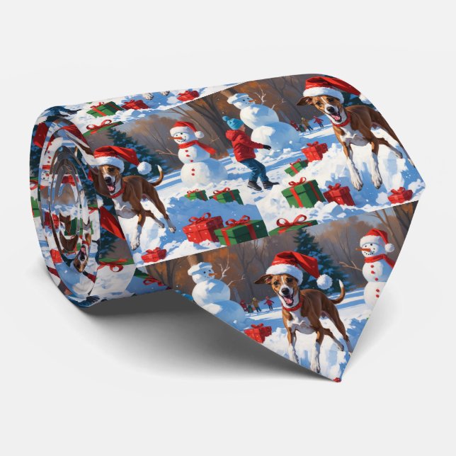 Greyhound Running in Snow with Christmas Hat Neck Tie (Rolled)