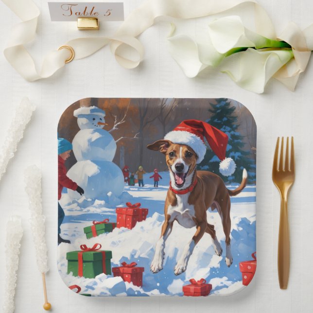 Greyhound Running in Snow with Christmas Hat Paper Plates (Wedding)