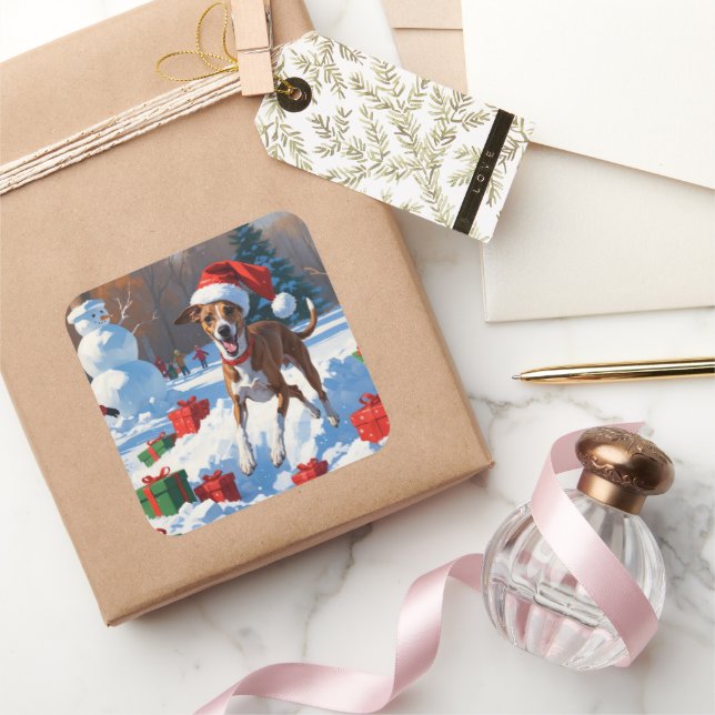 Greyhound Running in Snow with Christmas Hat Square Sticker (Gifting)
